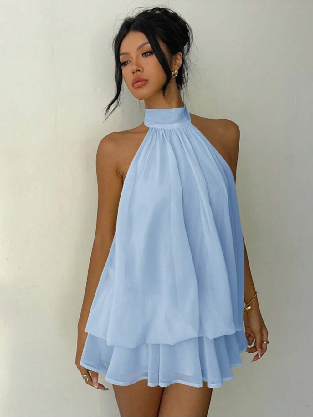 Viral on TikTok Light Blue Halter  Layered Mini Dress Romper  size 4-6.